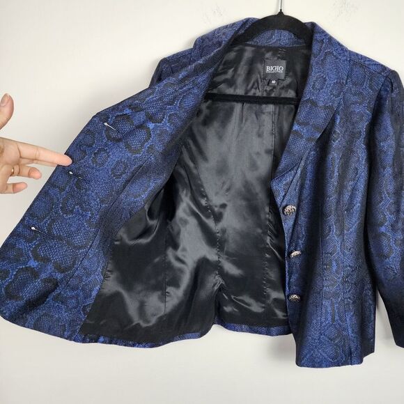 Bigio Animal Print Blazer Blue Black Snakeskin Jacket Acetate Size 10 - Picture 4 of 15